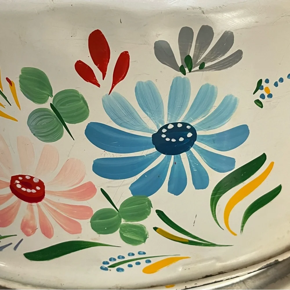 50s Vintage Aluminum Covered Cake Plate painted floral white rainbow